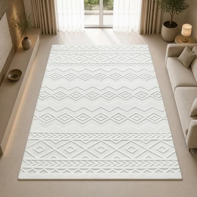 Tapis crème moderne motif géométrique dos en jute salon chambre doux - Photo 1/4