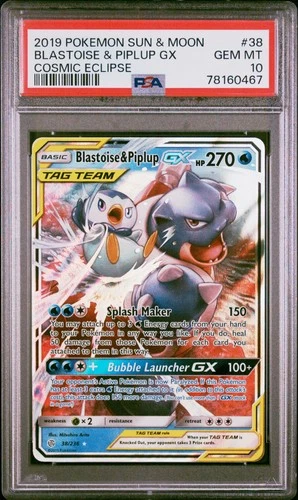 2019 Pokemon Cosmic Eclipse Blastoise & Piplup Gx #38 S&M GEM MT PSA 10
