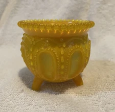 1970's Degenhart Gypsy Pot Toothpick Holder Butter Up Yellow Slag Glass*RARE*