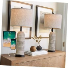 26.5" Table Lamps Set of 2 - Bedside Lamp with USB A C Charging Wash White-2