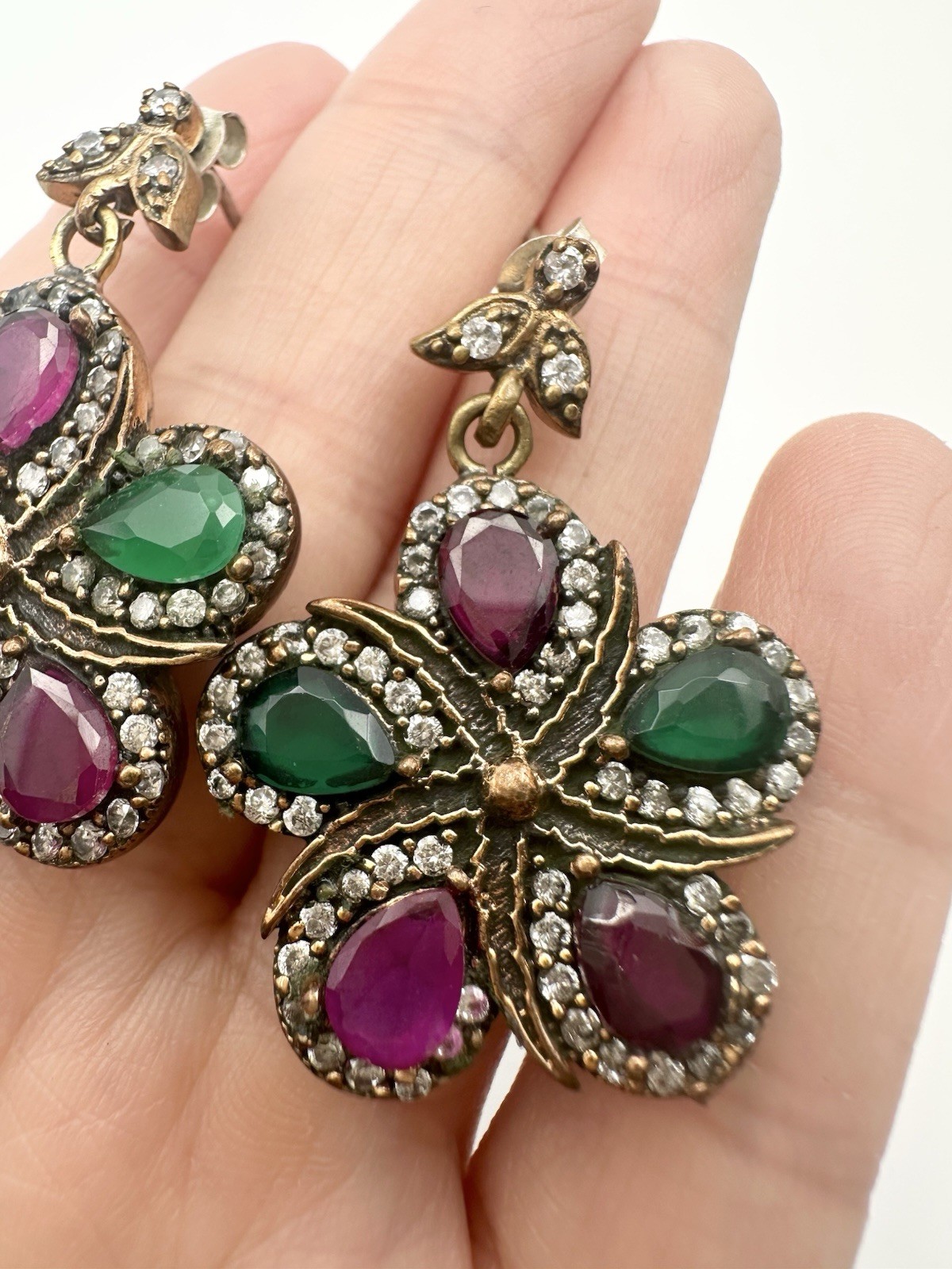 925 Sterling Silver Turkish Ruby Emerald Flower E… - image 3