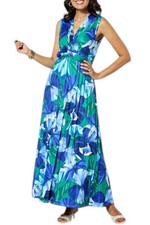 Nina Leonard Women's Tie Waist Pleated Maxi Dress Spring Forest/Blue
