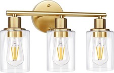 3-Light Gold Bathroom Light Fixtures Modern Bathroom Vanity Light Clear Glass
