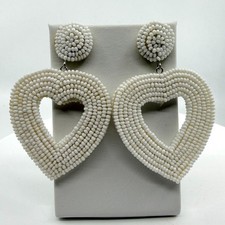 White Seed Bead Heart Drop Earrings Oversized Statement Boho Wedding Dangle