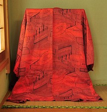 Vintage Japanese Kimono Haori Jacket Silk Dark-Red/Court Carriage Pattern.