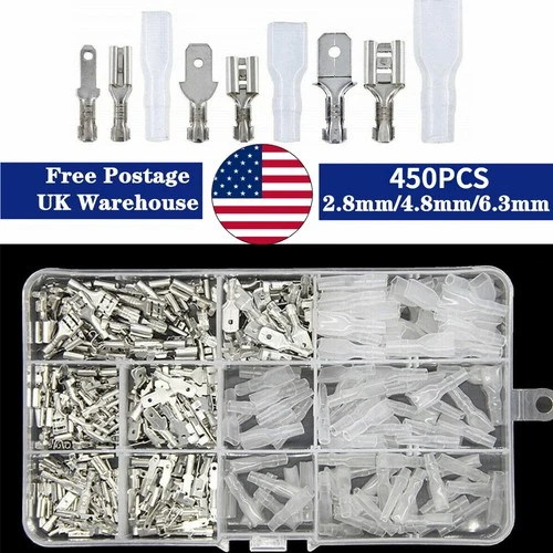 450PCS Female Male Spade Connectors Wire Crimp Terminals Set 2.8mm/4.8mm/6.3mm