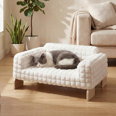 Elevated Cat Bed Indoor, Wood Furniture Style Cat Couch Sofa with Removable Wash