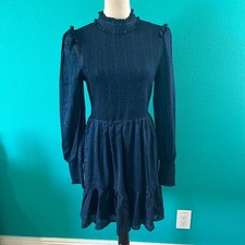 Lulus Heartful Romance Navy Striped Smocked Long Sleeve Mini Dress Ruffle Size L