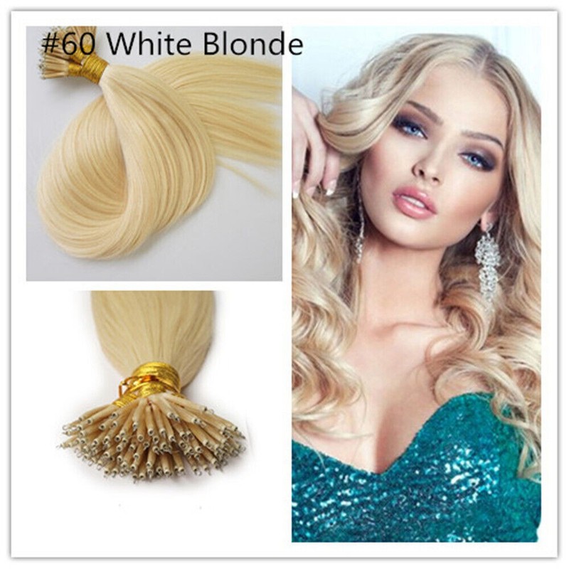 Nano Ring Remy Human Hair Extensions Keratin Nano Beads Platinum Blonde 20inch