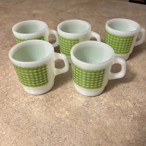 Vintage Fire King Anchor Hocking Coffee Mug Green Gingham Cup, Set of 5