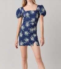 Blue Floral Puff Sleeve Mini Dress Short Sleeve Square Neck Zip Slit