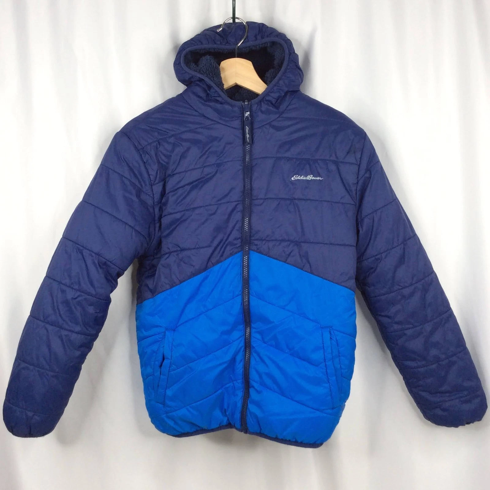 Eddie Bauer Reversible Puffer Jacket Youth Kids Large 14/16 Blue Hooded Fleece
