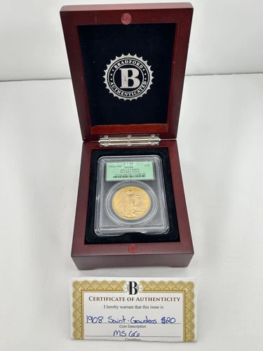 1908-P $20 Saint Gaudens Gold Coin PCGS MS66 Wells Fargo Bradford Mint w/ COA