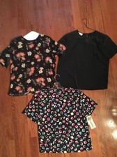 Ladies Black Floral Short Sleeve Career Work Blouses Tops 14 Medium Lot Of 3