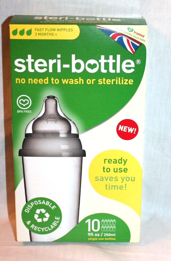 NEW IN BOX STERI BOTTLE 10- 9FL OZ 250ML SINGLE USE BOTTLES NIPPLE