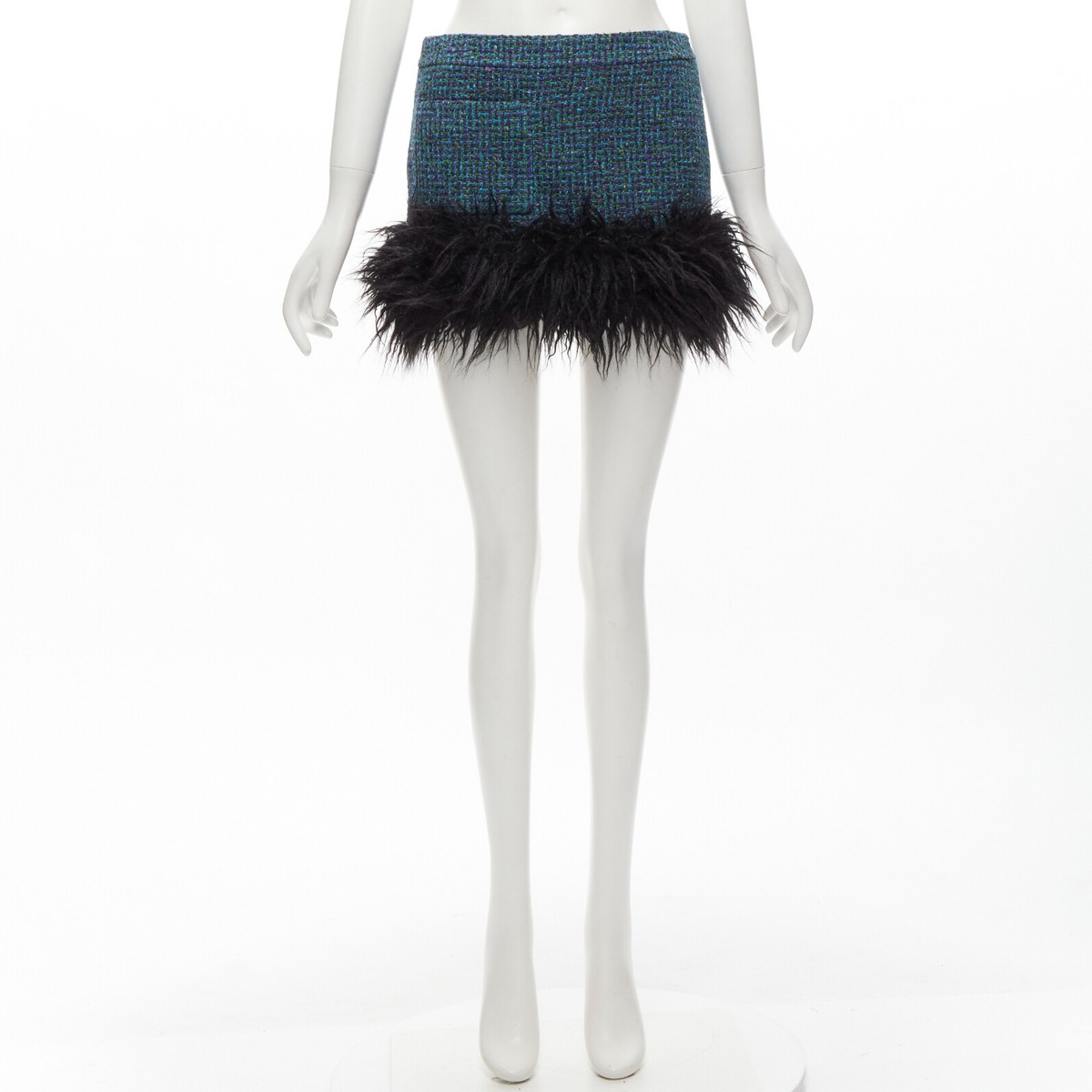 SAINT LAURENT 2022 blue tweed faux fur trim mini skirt FR38