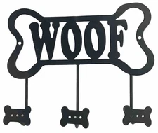Dog Leash Holder 3-Hook Wall Hanger Black Metal WOOF Signage No Slip Dog Bone