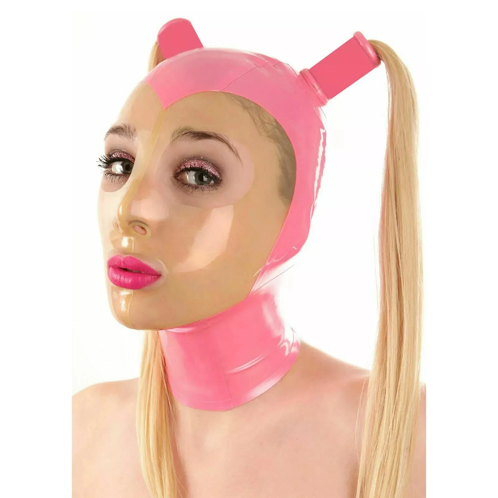 Latex Hood Rubber Mask Transparent Face with Double Wigs Fetish BDSM Cosplay