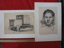 Vintage Pencil Drawing,social realism, and a self-portrait , 1950,artist Borisov