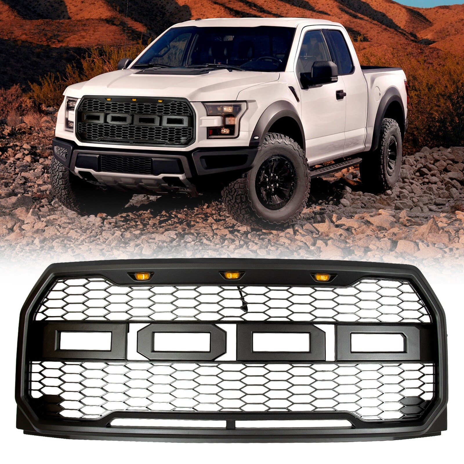 Car Front Grill for 2015-2017 Ford F-150 with LED&Wiring Grey Grille