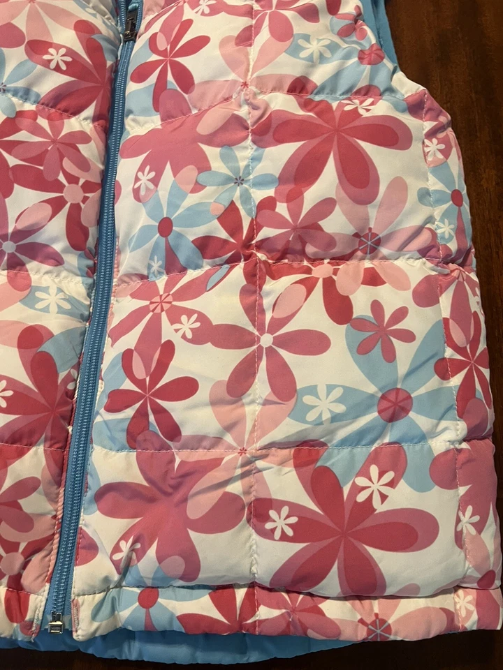 Chaleco Reversible LL Bean Jóvenes Niñas Plumón de Ganso Rosa Flores/Azul Cielo 14/16 Grande Foto 3 de 4