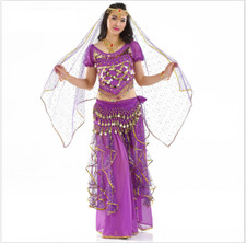 Blouse Hip Belt Sequins Lotus Long Skirt 3pcs Belly Dance Costumes Performance