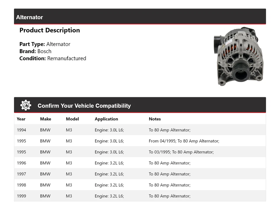 Alternador Bosch BMW M3 1994-1999 (Remanufacturado) 1995 1996 1997 1998 Foto 2 de 4