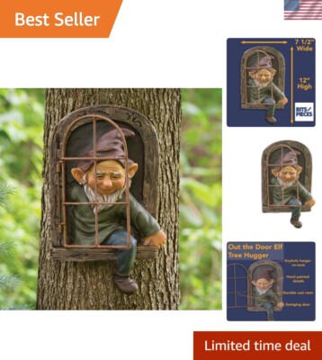Whimsical 3D Elf Garden Decor with Hinged Window - 12 inch Outdoor Sculpture