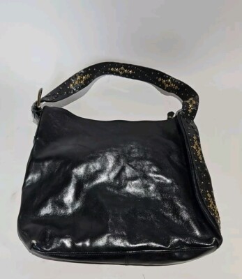 FINA FIRENZE BLACK LEATHER LARGE TOTE SHOULDER BAG WITH STUDDED SHOULDER STRAP