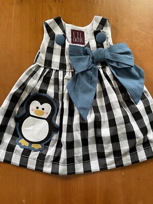 Lil Cactus NWOT Black/White Plaid Appliqué Penguin 100% Cotton Dress-3-6Mos