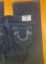 TRUE RELIGION WLHK67CL2 WOMENS DARK WASH BOOT CUT JEANS SIZE 30 X 34 MADE IN USA