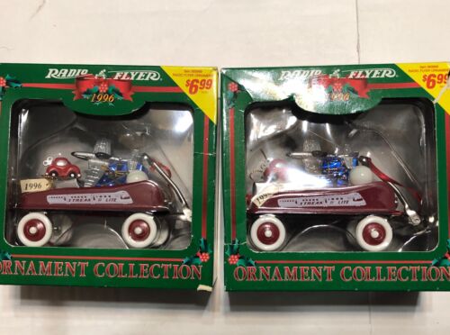 2 RADIO FLYER 1996 RED WAGON CHRISTMAS ORNAMENTS MODELS 120 W/ BOXES - Picture 1 of 4