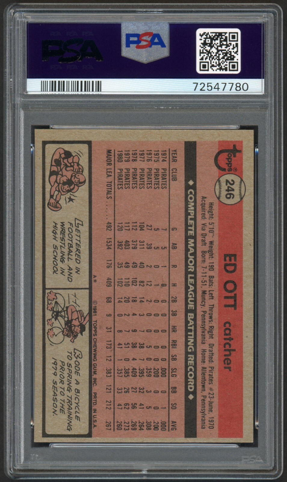 1981 TOPPS ED OTT #246 PITTSBURGH PIRATES VINTAGE PSA 7 NEAR MINT view 3