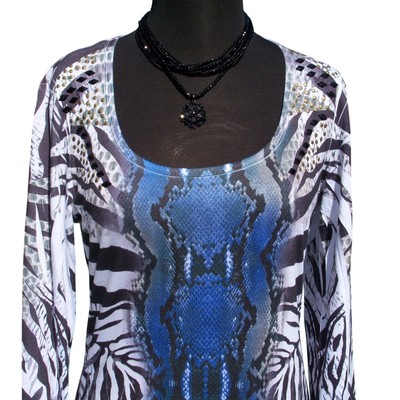 Cache Stretch Embellished Tee Top Reptile Animal Black Blue White XS/S NWT