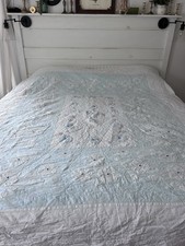Vintage Quilt Pastel Applique Floral , blue  white handmade Hand Stitched