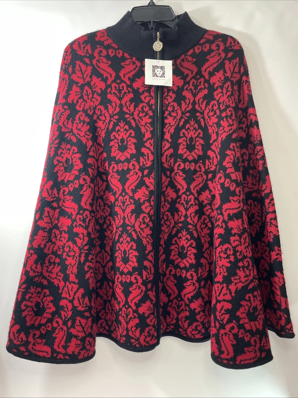 NEW Anne Klein Womens L Red-Black Floral Damask Knit Full Zip Cape Poncho Jacket