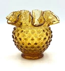 Small Vintage Fenton Art Glass 3" Amber Gold Hobnail Ruffled Open Rose Bowl Vase