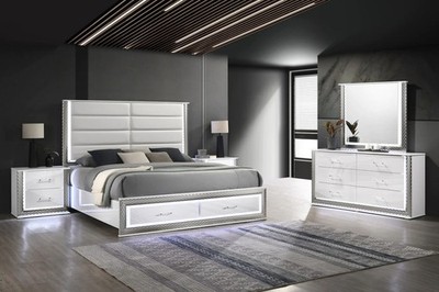 NEW 4PC Modern Italian LED Queen King Gloss White Contemporary Bedroom Bed/D/M/N