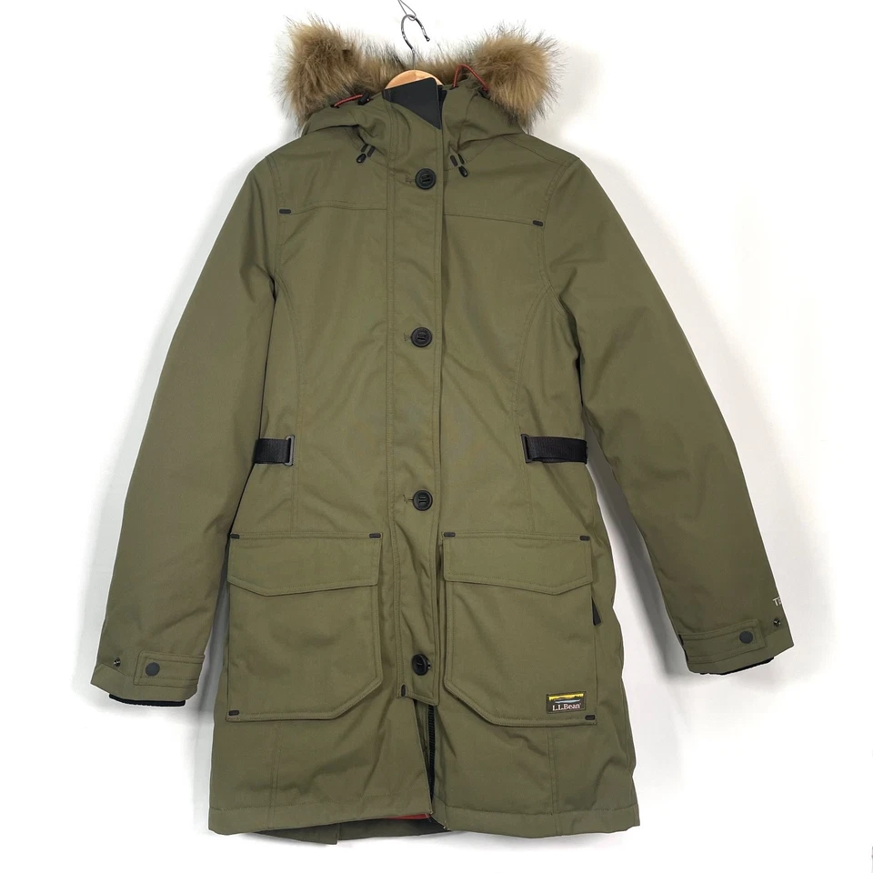 L.L. Bean Women's XS Maine Mountain Parka Hooded Jacket Down Fur Trim Kelp Green - Image 2 of 4