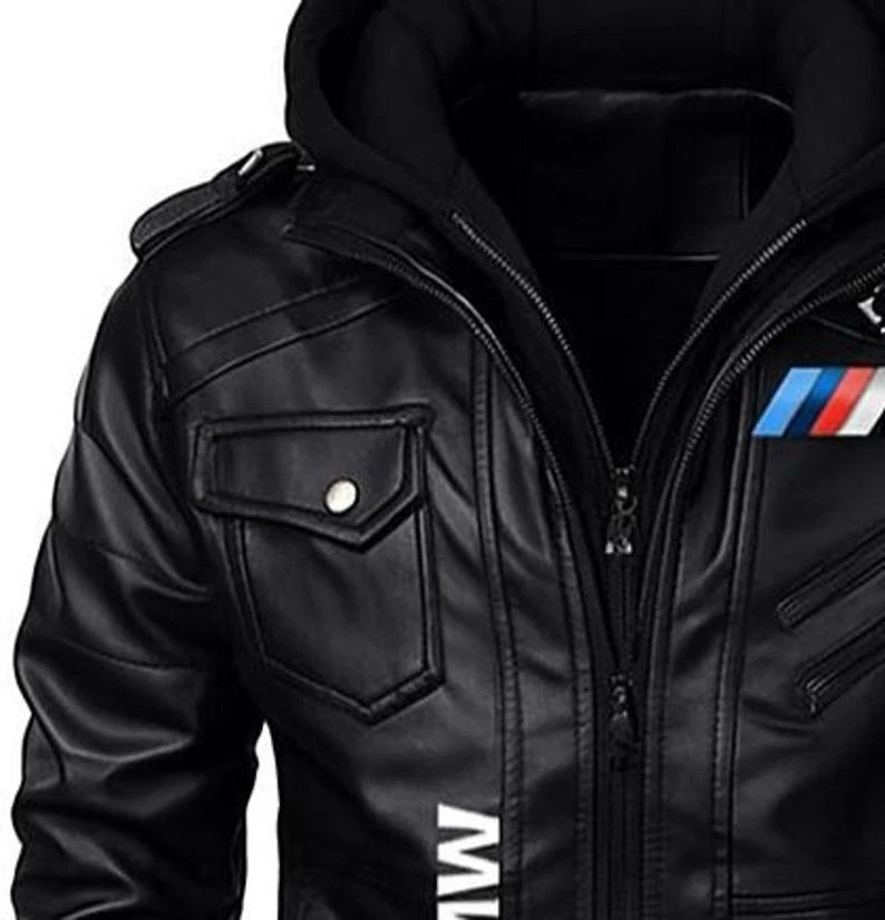 Customized Jet Black BMW Motorrad Schwabing Racing Leather Motorbike Jacket Hood - Image 2 of 4