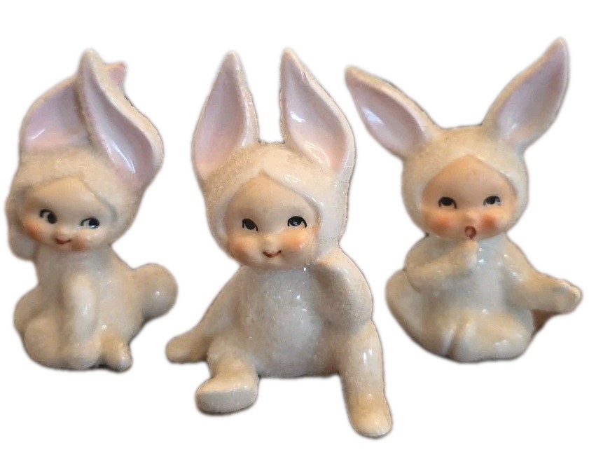 Vintage Sugar Glazed Snow Baby Bunny Rabbit Ceramic Figurines Set Of 3