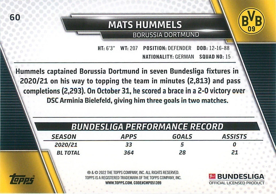 2021-22 Topps Bundesliga - Mats Hummels #60 - Image 2 of 2