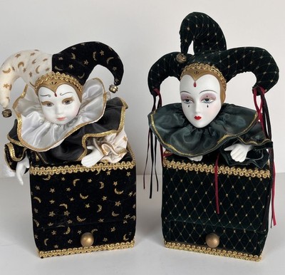 Vintage San Francisco Music Box Co Porcelain Jester Duo Mardi Gras 1992 Venetian