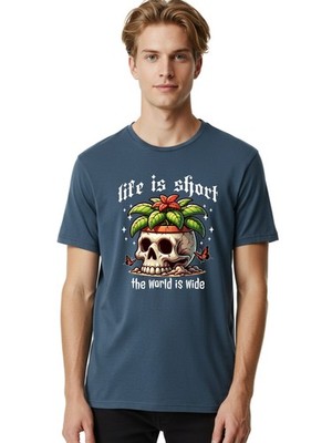 Life-Is-Short-The-World-Is-Wide Mens Graphic Tee,100% Cotton,Casual Summer Wear
