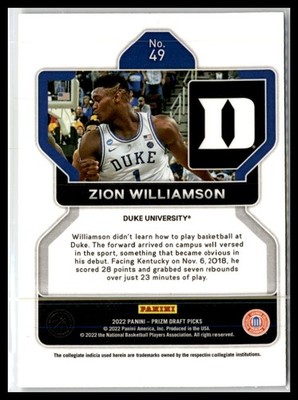 Zion Williamson 2022 Panini Prizm Draft Picks #49 Duke Blue Devils