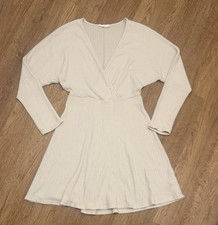 Lush Medium Beige Ribbed V-Neck Surplice Knit Fit Flare Sweater Dress