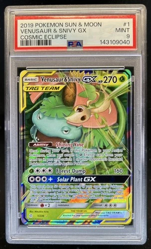 2019 Pokemon SM Cosmic Eclipse Venusaur Snivy Tag Team GX Holo #1/236 PSA 9