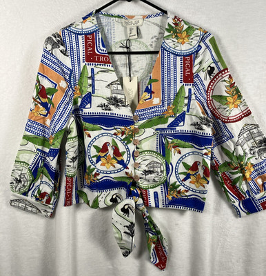 Rachel Zoe Linen Blend Tropical Bird Tie Front Top Small Resort Travel Vacay NWT