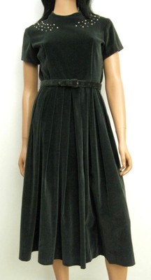 Vintage 50s Dark Green Cotton Velvet Cocktail Dress XS Pearls Rhinestones  Formal | eBay