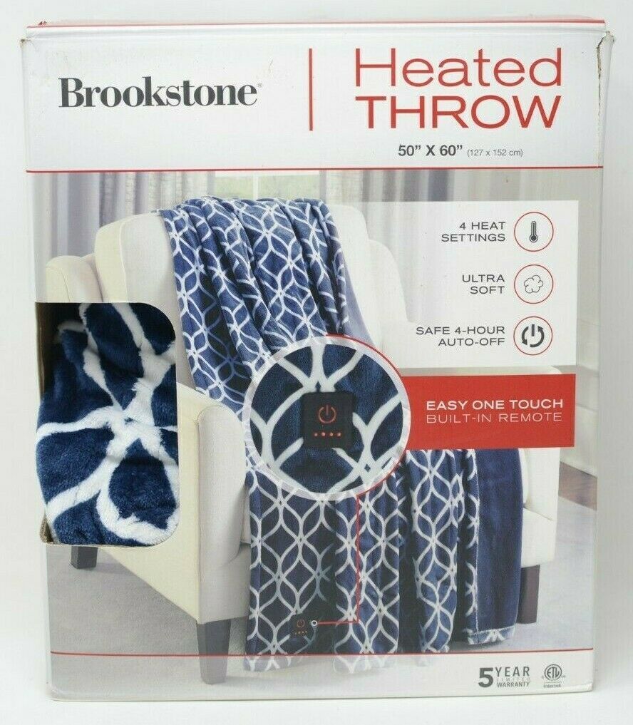 Brookstone 50" x 60" Electric Heated Throw BuiltIn Remote 4 Heated Setting Blue eBay